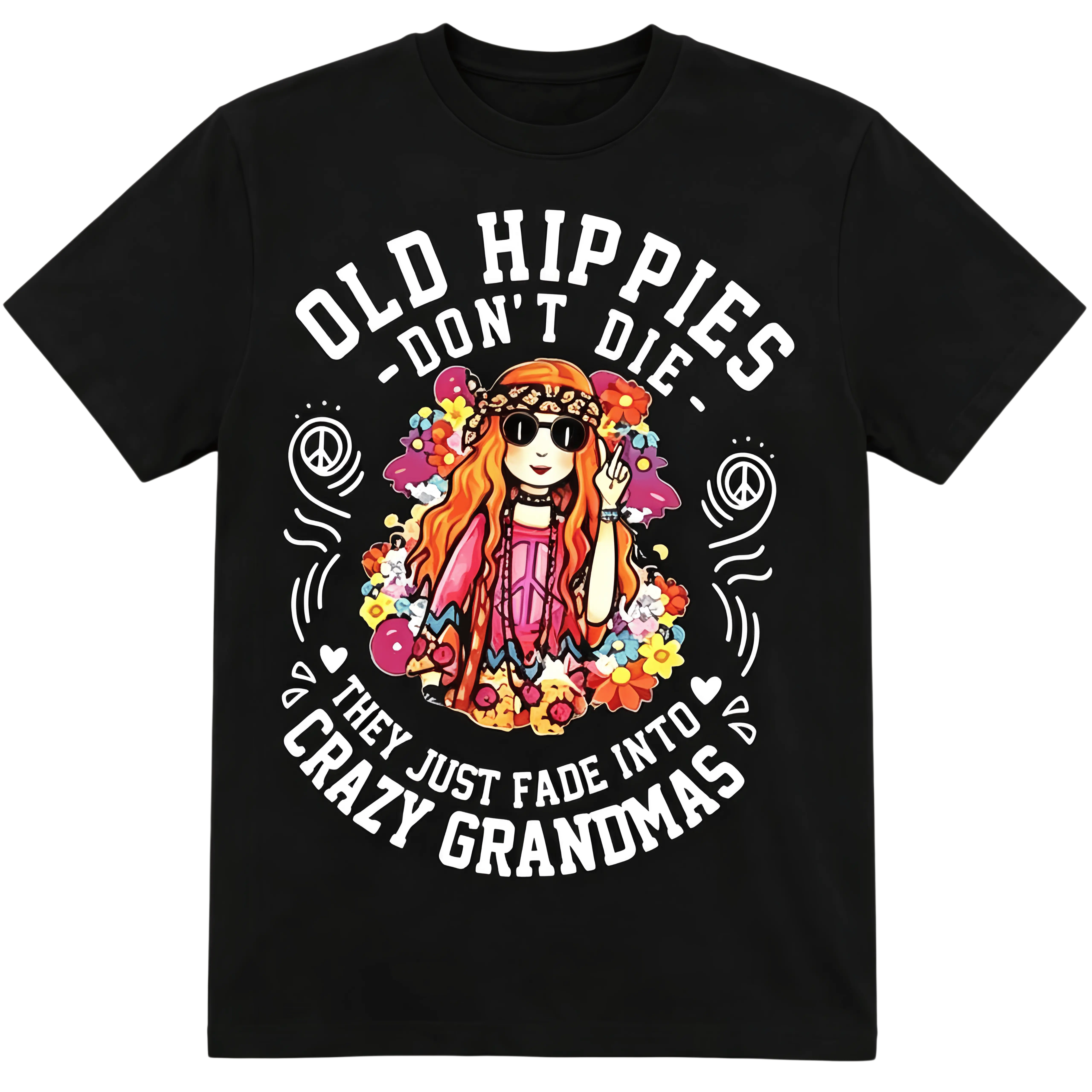Women's Casual T-Shirt - 'Old Hippies Are Not Dead' White Tee with Floral & Peace Sign, Machine Washable, Hippie Clothing, Round Neck T Shirt, Graphic Tees,Funny T Shirts