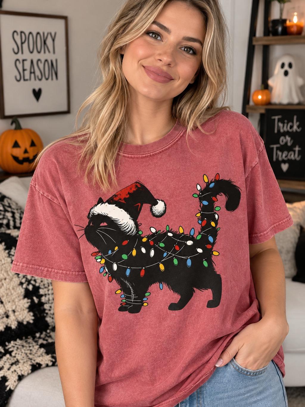 [Sale Up To 50%] Comfort Colors Cute Cat Christmas Shirt, Funny Holiday Cat Graphic Tee, Christmas Cat Lover T-Shirt, Festive Cat Mom Gift, Cozy Winter Apparel- Rock Rolla