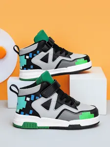 Unisex's Geometric Print High Top Sneakers, Fashionable Velcro Design Chunky Sneakers, Casual Comfortable Sports Shoes for Daily Wear, Sports Footwear, Stylish Sneaker, Fashion Athletic Sneaker, Casual Trendy Sneakers, Chunky Trainers