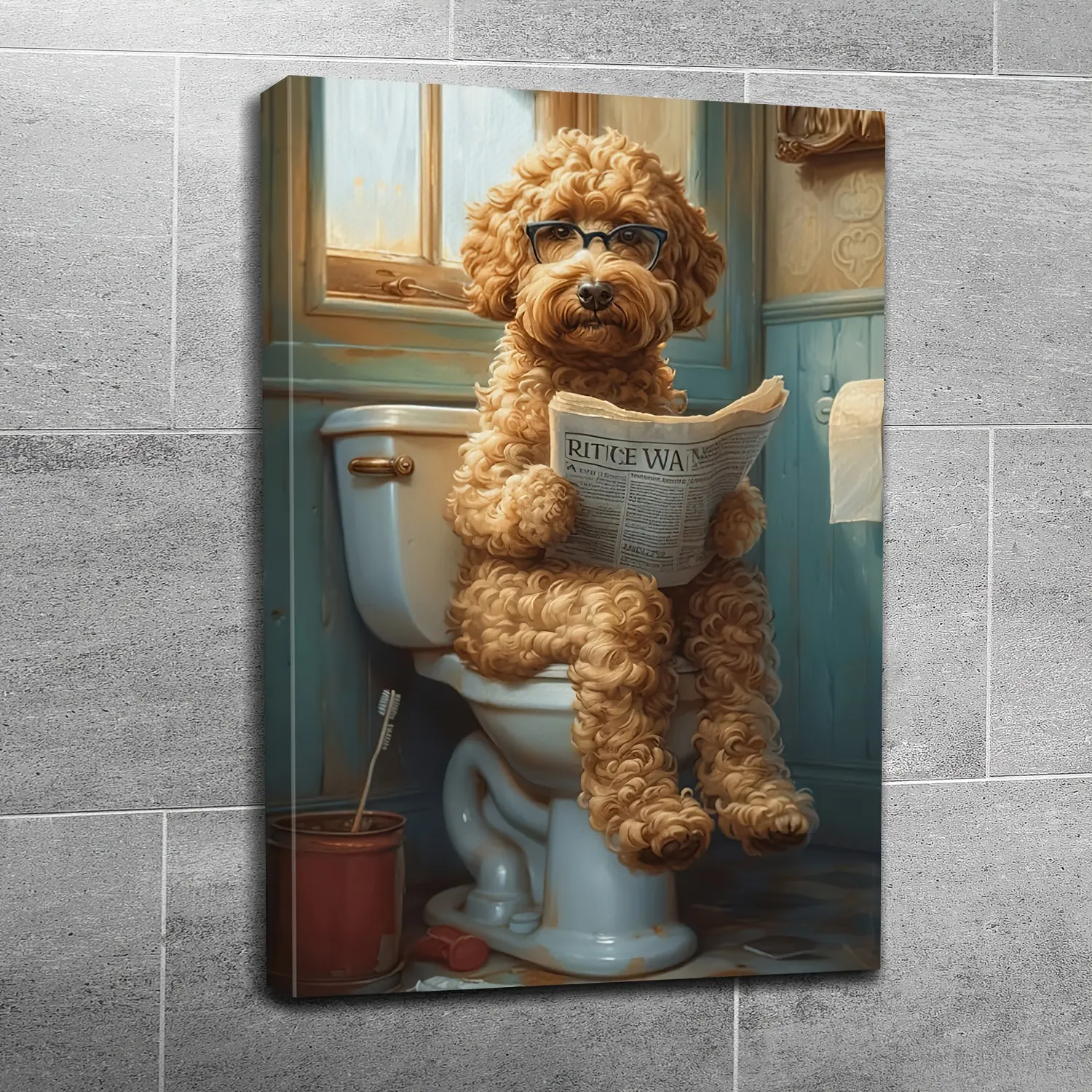 2D Flat 1pc Funny Bathroom Canvas Wall Art, Dog On Toilet Reading Newspaper Canvas Print, Framed Humor Animal Poster For Restroom, Perfect For Dog Lovers, Unique And Quirky Home Decor, Ready-to-Hang Artwork For Bathroom Or Powder Room
