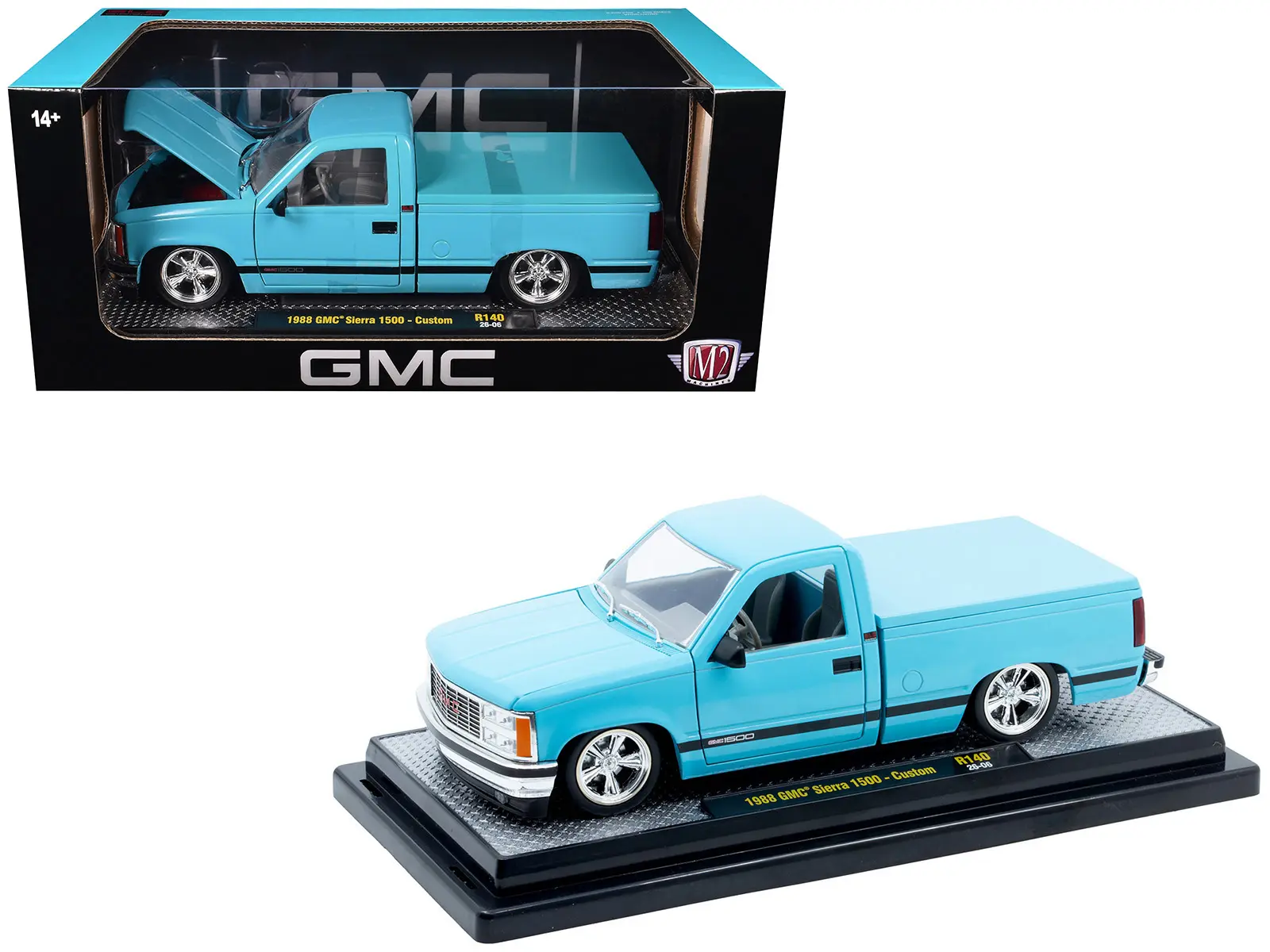 1988 GMC Sierra 1500 Custom Pickup Truck Light Blue with Black Stripes Limited Edition 1/24 Diecast Model Car by M2 Machines — Adult Collectible