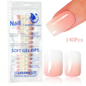 140Pcs Ombre Pink & White Press-On Nails | Short Square Full Coverage Glossy False Nails, Soft Gel Artificial Nails Long-Lasting, 14 Sizes, Reusable, Suitable For Daily Wear, Weddings, Dates, Parties, Reusable Fake Nails