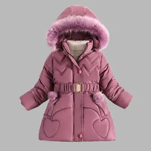 Autumn Winter Girls Coat Keep Warm Thicken Kids Jacket Hooded Zipper Princess Outerwear Children Clothing with Belt in Pocket, Seasonal Kids Wear, Cold Weather Coat, Stylish Children Coat, Filling, Cozy Winter Wear, Belted Jacket, Schoolage Kids, Children