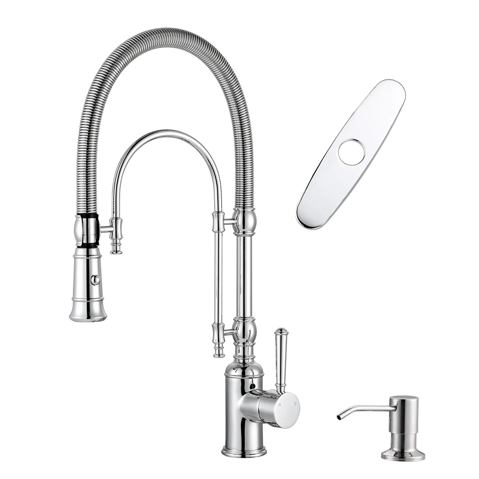 WOWOW High Arc Kitchen Faucet, Single-Handle Pull-Down Sprayer with Faucet Attachment, Solid Brass Construction, Matching Soap Dispenser, Chrome Finish, High Arc Faucet