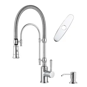 WOWOW Single Handle Pull Down Sprayer Kitchen Faucet Solid Brass with Soap Dispenser in Chrome