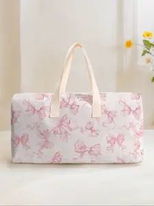 Large Capacity Corduroy Travel Bag Luggage Backpack, Portable Travel Bag, Gym Weekender Bag, Bow Pattern Printed, Casual Yoga Fitness Handbag, Ideal for Short Trips Weekend Outing Daily Commute