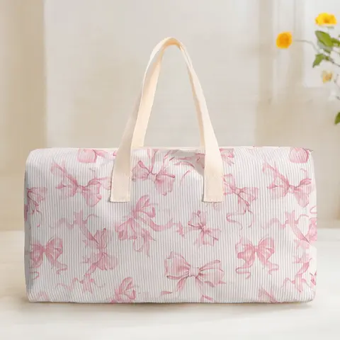 Large Capacity Corduroy Travel Bag Luggage Backpack, Portable Travel Bag, Gym Weekender Bag, Bow Pattern Printed, Casual Yoga Fitness Handbag, Ideal for Short Trips Weekend Outing Daily Commute, Commuter Travel Bag, Perfect Travel Bag
