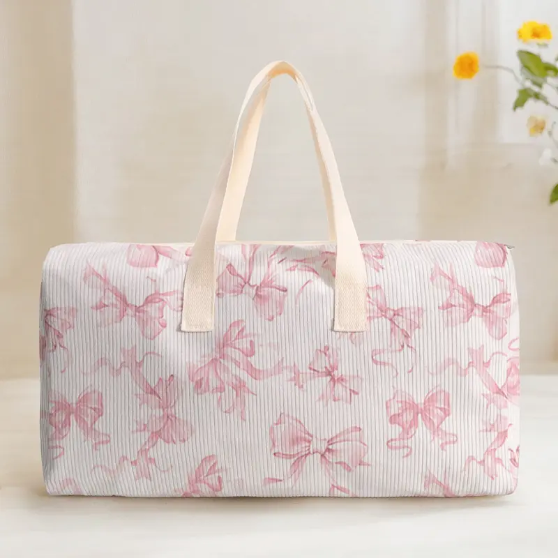 Large Capacity Corduroy Travel Bag Luggage Backpack, Portable Travel Bag, Gym Weekender Bag, Bow Pattern Printed, Casual Yoga Fitness Handbag, Ideal for Short Trips Weekend Outing Daily Commute, Commuter Travel Bag, Perfect Travel Bag