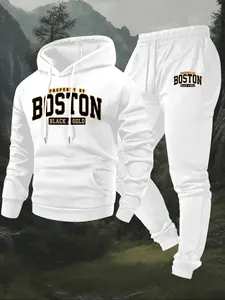 Men's Hooded Sweatshirt Set Fall Winter Fleece Lined 2-Piece Letter Print Pullover + Drawstring Casual Sport Pants Athletic Tracksuit Set Sweat Suits