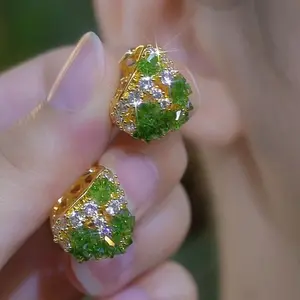 Shiny Fresh and Simple Green Full-Drill Flower Basket Clip-on Earrings,DDES0284  New Style of the Year, Trendy, Unique Design Earrings, 14K Gold-Plated