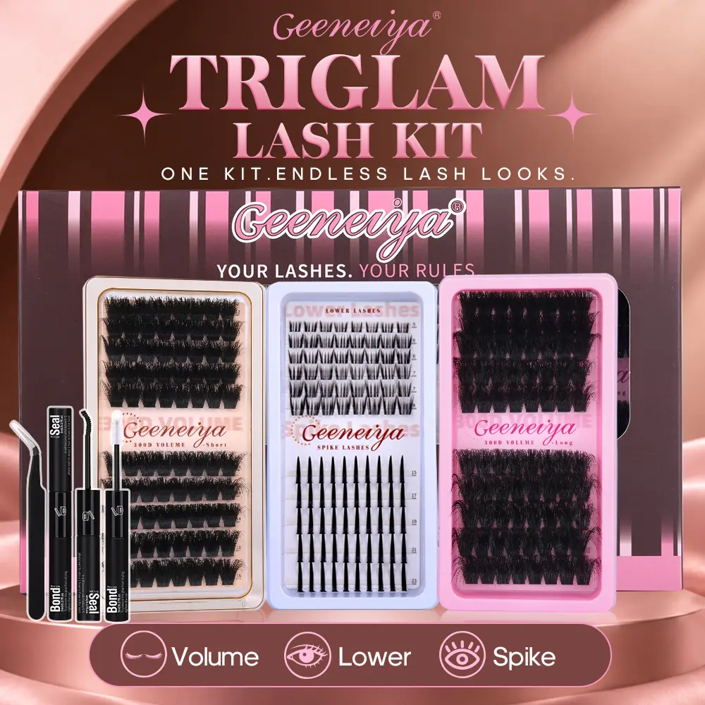 Geeneiya Triglam Lash Clusters Kit, DIY Volume Spike Eyelash Extensions 5-20MM D Curl with Lower Lashes, Bond & Seal, Tweezer for Makeup Cosmetics