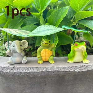 Cute Animal Umbrella Resin Figurine, Creative Turtle Frog Elephant Micro Landscape Decor, Garden Patio Courtyard Ornament, Desk Potted Plant Decoration, Resin Sculptures, Garden Accessories