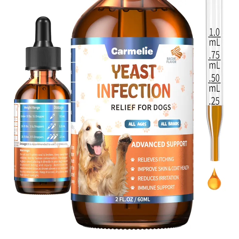 Carmelie Gentle Dog Ear & Skin Relief Liquid Drops, Bacon-Flavored Yeast Infection Treatment (60ml) - Itch Relief, Supports Healthy Skin for Dogs & Puppies