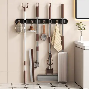 Wall-Mounted Mop Holder No-Drill Design, Durable Bathroom Organizer Rack, Space-Saving Storage Solution for Home & Office Use