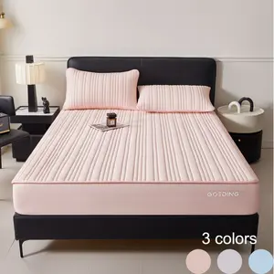 2/3pcs Pink Cooling Mattress Cover Set with Pillowcases, Ice Silk Spandex Fabric, Luxury Stripe Design, Soft Breathable Bedding for Bedroom & Dorm
