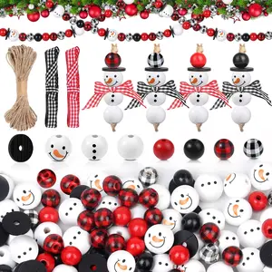 200 count Christmas Wooden Beads for Craft Christmas Buffalo Plaid Round Craft Beads Farmhouse Loose Polished Spacer Beads Winter Snowman Beads with Twine Scarf  Beads for DIY  Decor