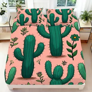 2/3 Pcs 2D Flat Desert Cactus Themed Fitted Sheet Set Cactus Bedding Set Quilt Cover 1 Fitted Sheet+ 1/2 Pillowcases Cactus Top Sheet Decorative Bedding Bedroom Decor