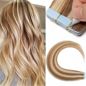 Tape In Hair Extensions 100% Remy Human Hair, Seamless Invisible Skin Weft, 12P613 Golden Highlight Blonde, Straight 20pcs 50g 16-26"