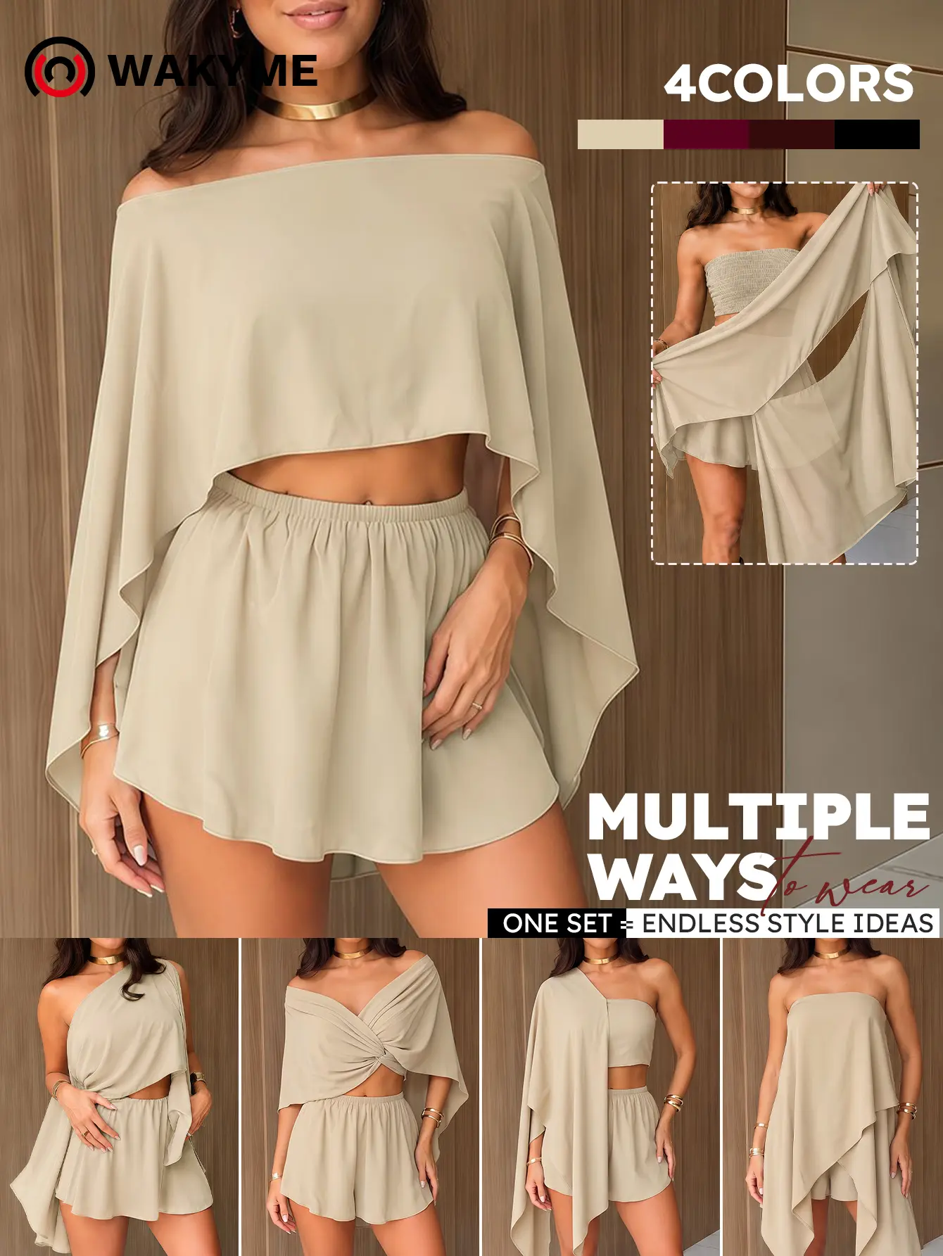 Women's 3 Piece Summer Set Convertible Cape Top Strapless Tube Top and Wide Leg Shorts Casual Outfit