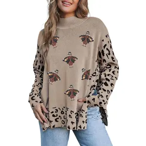 Women's Khaki Sequin Turkey Leopard Mixed Pattern High Neck Sweater with Slits