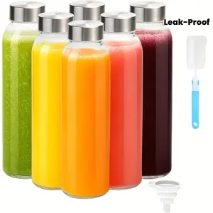 [Leak Proof Glass Bottles] Glass Bottles With Lids 18oz, Reusable Glass Water Bottles With Stainless Steel Cap For Juicing, Refrigerator, 100% Leak Proof, Set Of 6