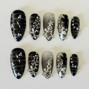 Chrome Star Nails, Gothic Black Chrome Press On Set With Stars & Rhinestones, 3D Charms and Star, Trendy Hot Girl, Dark Punk Cross Nails