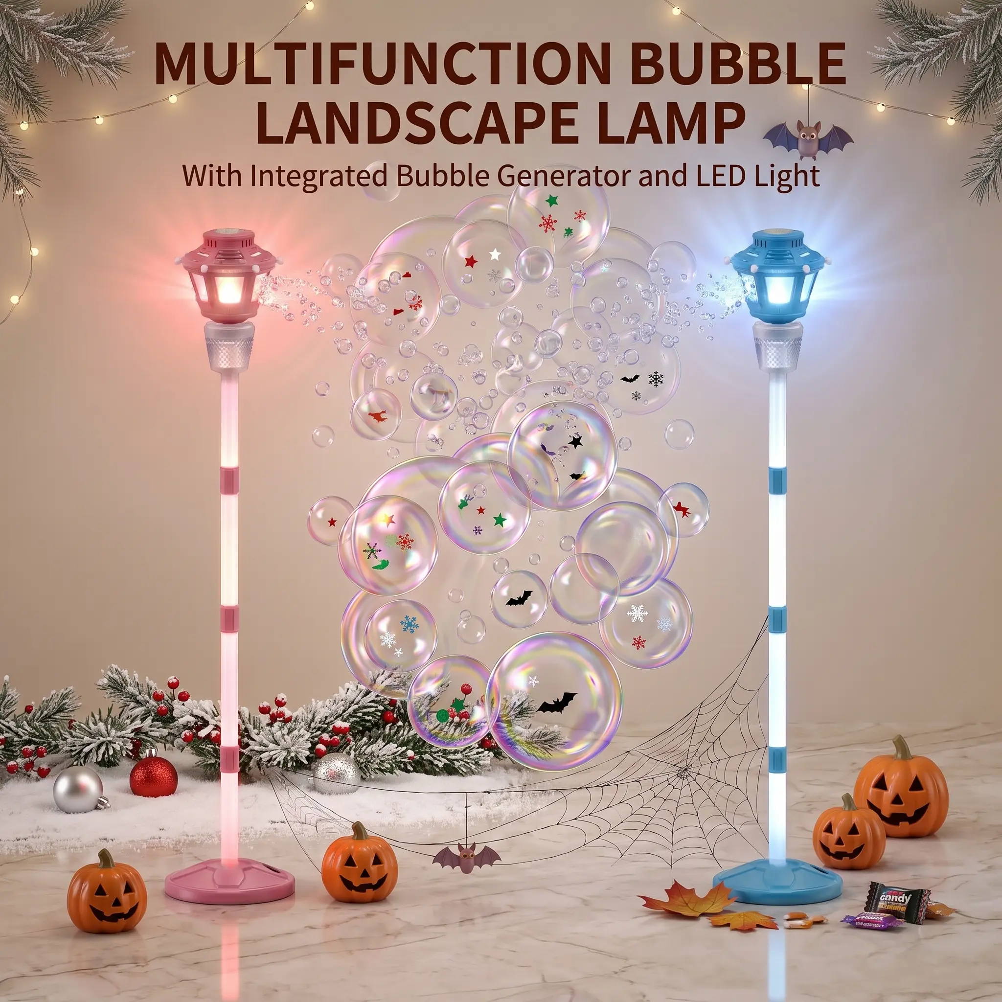 Outdoor Bubble Lamp Automatic Generator with LED Outdoorscape Lights, 3-Height Adjust Stand, Built-in Batteries, Festive Decor for Halloween, Wedding, Kids Party