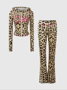 Women's Leopard Print Hooded Zipper Short Jacket Matching Set, Letter Printed Slim Fit Elastic Long Sleeve Cardigan, Fashion Street Style Spring & Fall