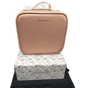 Behaesty Portable Makeup Bag with 3-Color LED Mirror 2000mAh USB Rechargeable Waterproof PU Leather Organizer Compact Travel Cosmetic Pouch Pink