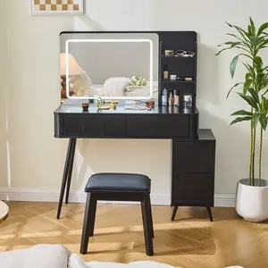 Modern Makeup Vanity with Mirror and Lights, Black Vanity Table with Chair and 4 Storage Drawers and Adjustable Cabinet, Fluted Waveform Makeup Desk Dressing Table for Bedroom