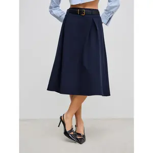 Cider [size 2-10] Mid Rise Solid Pleated Maxi Skirt With Belt