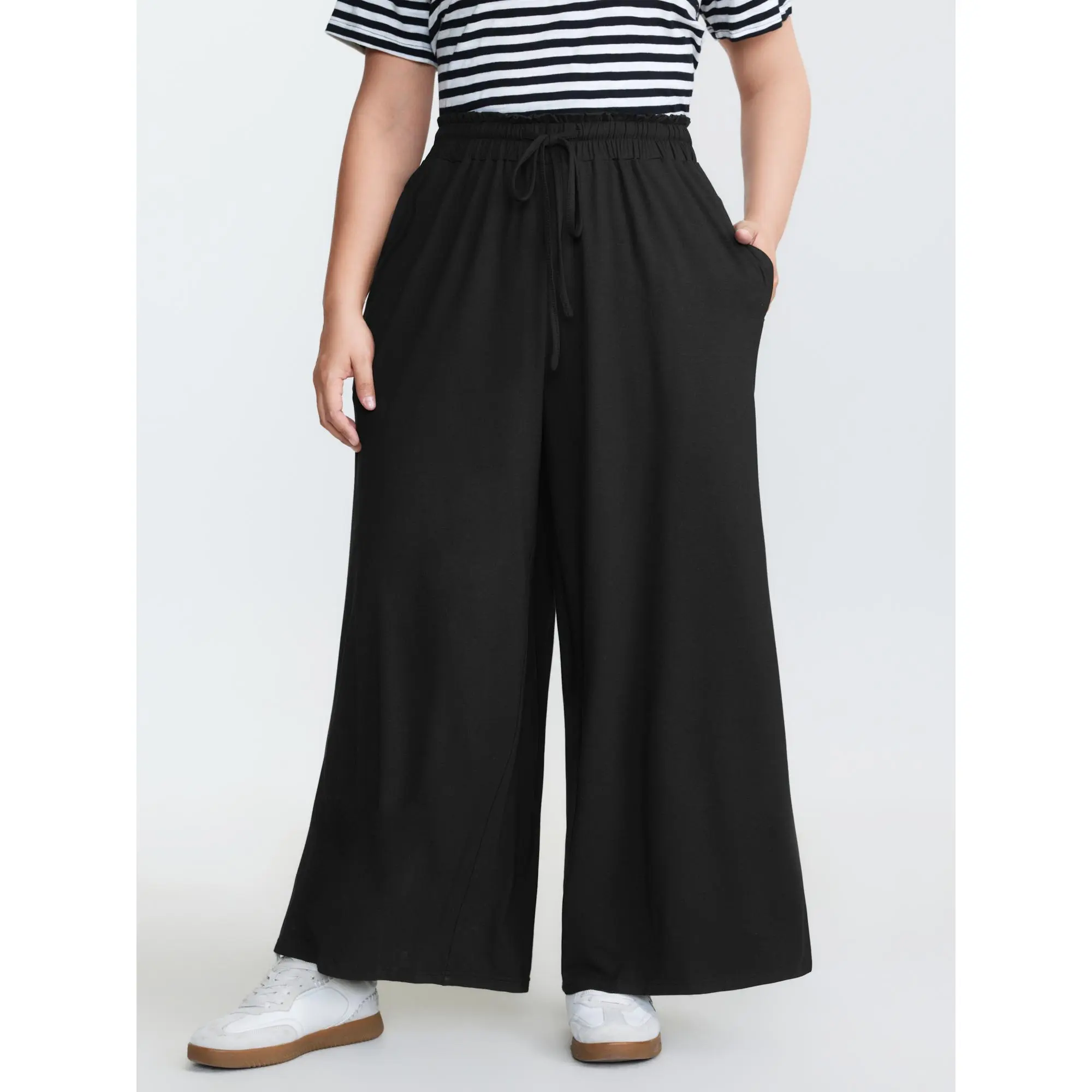 BloomChic Women's Plus Size Casual Wide Leg Pants in Soft Rayon Spandex with a Mid-Rise Drawstring Waist and Side Pockets, Garment, Lady, Fabric, Trouser, Comfy Pants, Bottoms, Full Length, Leisure Wear, Medium Stretch, Casual Pants