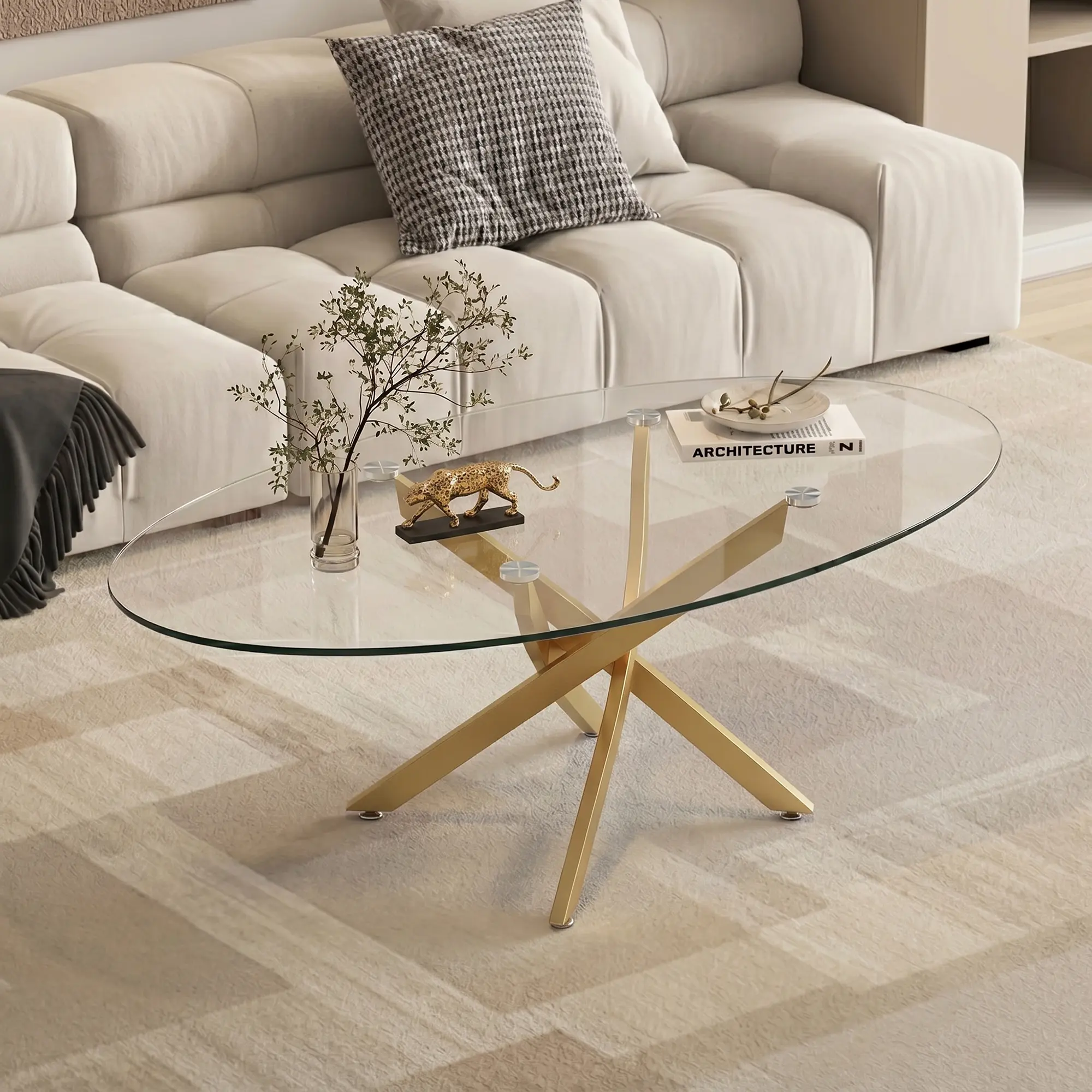 Transparent Oval Tempered Glass Coffee Table - 39.37 in Glam Glass+Metal Accent Table with Sturdy Gold Metal Legs, Oval Outline Sturdy Frame for Living Room Home Decor & Daily Storage