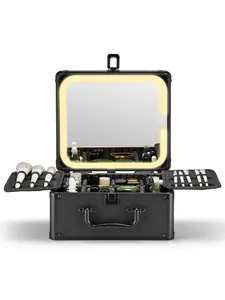 Travel Makeup bag with Detachable LED Mirror 3-color Lighted, Makeup Box with A Detachable Lighted Mirror, Waterproof Travel Train Case, Cosmetic Organizer and Makeup Suitcase with Adjustable Dividers, Magnetic LED Mirror