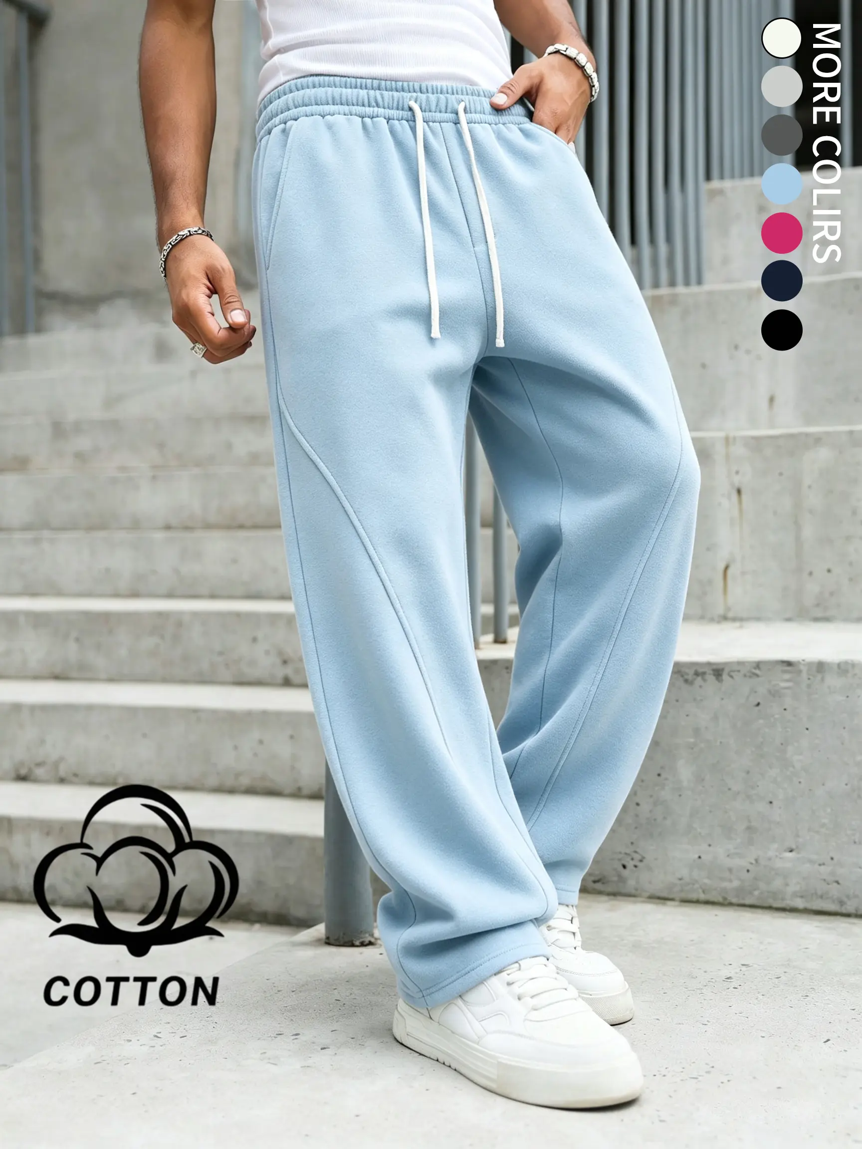 Upgrade your mensfashion collection with these comfy cotton sweatpants designed with elastic drawstring waist. The wide leg cut and subtle seam details deliver casual street aesthetics, perfect for daily leisure and relaxed outdoor styling.