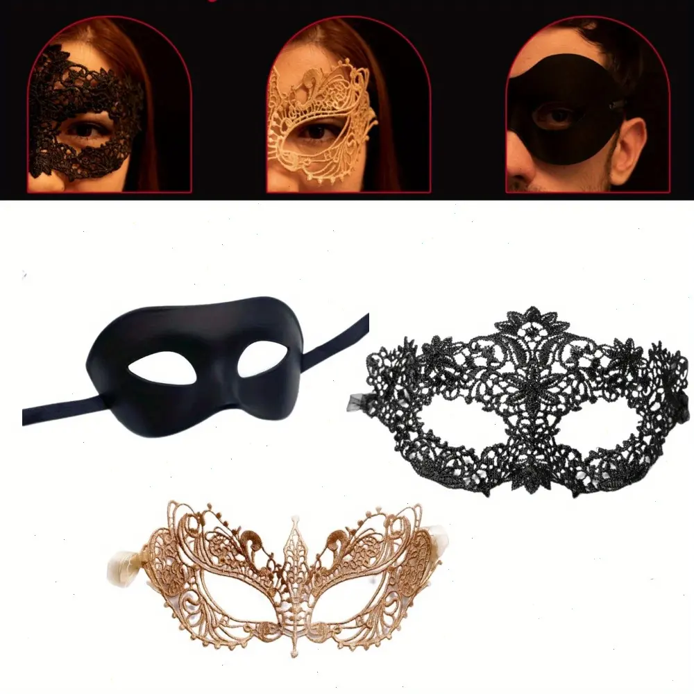 Masquerade Mask for Couples Women and Men - 3 Pack Venetian Gold and Black Lace, Mardi Gras Mask summerwins