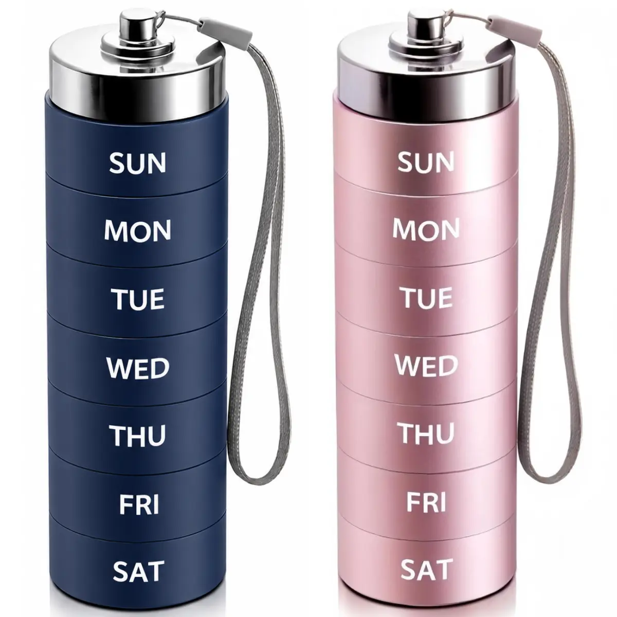 Couples Pill Organizer - His and Hers Lightweight Travel Size 7-Day Weekly Pill Boxes, Waterproof Stackable Aluminum Alloy Medicine Storage Containers with Silicone Handle, High-Capacity Vitamin Organizer for Work and Home - Mid Year Sale