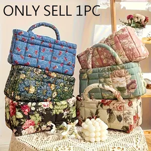 Vintage Floral Print Quilted Storage Basket, Foldable Snack Basket, Laundry Basket, Bathroom Organizer, Bedroom Essentials, Large Capacity