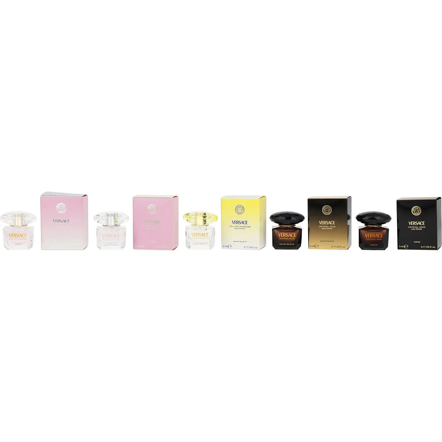 Versace Variety Set-5 Piece Womens Collection With Bright Crytal Edt & Bright Crystal Parfum & Crystal Noir Edt & Crystal Noir Parfum $ Yellow Diamond Edt And All Are 0.17 Oz Spray Minis For Women
