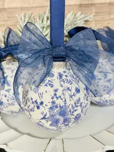 Set of 4 Chinoiserie Blue & White Glitter Ornament 4” Handmade Christmas Decoration Tree Ornaments Christmas Gift Elegant Unique Design