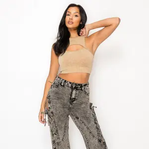FREE JUNNS (012) | Acid Wash Beige Chest Cutout Ribbed High-Neck Crop Top