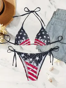 American Flag String Bikini Set for Women – Stars and Stripes Two Piece Swimsuit, Tie Side Triangle Top, Sexy Summer Beach Swimwear