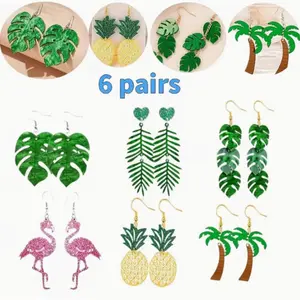 [Tropical Earrings] 6 Pairs Tropical Coconut Palm Leaf Charm Earrings - Greenery Pineapple Flamingo Hawaiian Earrings for Women's Vacation