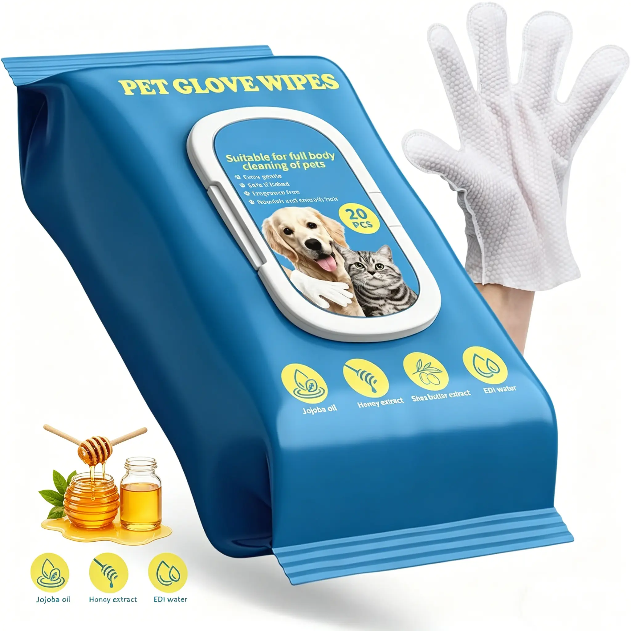 Pet Cleaning Glove Wipes for Dogs &Cats, 3-in-1 Cleaning, Deodorizing &Hydrating, Hypoallergenic UnscentedNo-Rinse Pet Wipes for Fur, Paws,Butt, Ears & Eyes, Full Body GroomingCare, 20PCSpet hair removal tool
