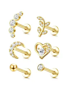 6 Pcs Golden Exquisite Cartilage Earrings Helix Tragus Conch Labret Monroe Lip Piercing Jewelry Set for Women Men Versatile Stainless Steel Ear Studs Internally Threaded CZ Moon Heart Leaf Earrings Side Labret Jewelry