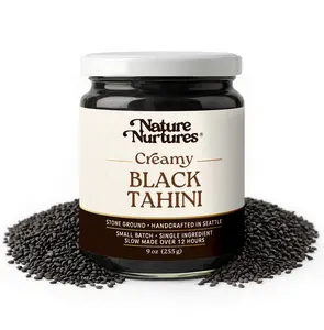 Creamy Black Sesame Tahini · 100% Black Sesame Seeds · Single Ingredient · No Fillers · Raw · Stone Ground for 12 Hours · Small Batch · Made in USA · High Protein · 100% Pure & Natural · No Added Sugar · No Palm Oil · Packed in Glass Jar · 9 oz (255 g)