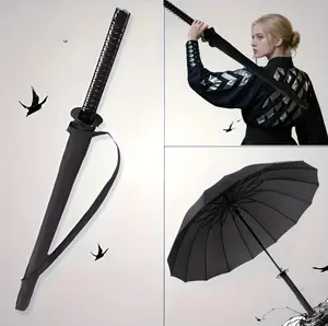 [Christmas Gift] Samurai Black Umbrella (1 piece) - 24 ribs, durable, waterproof and sunproof, automatic opening and closing, carbon fiber ribs, rubber handle, 210T nylon fabric, Samurai umbrella holiday gift.