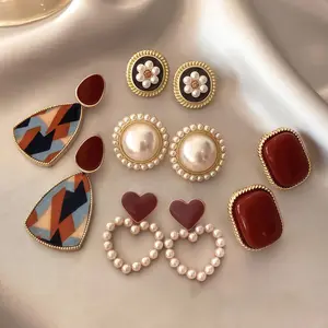 Women's Stylish Earrings Set of Five Pairs with Faux Pearls - Vintage Hong Kong Style, Daily Wear & Valentine's Day & Birthday Gifts cece jewelry