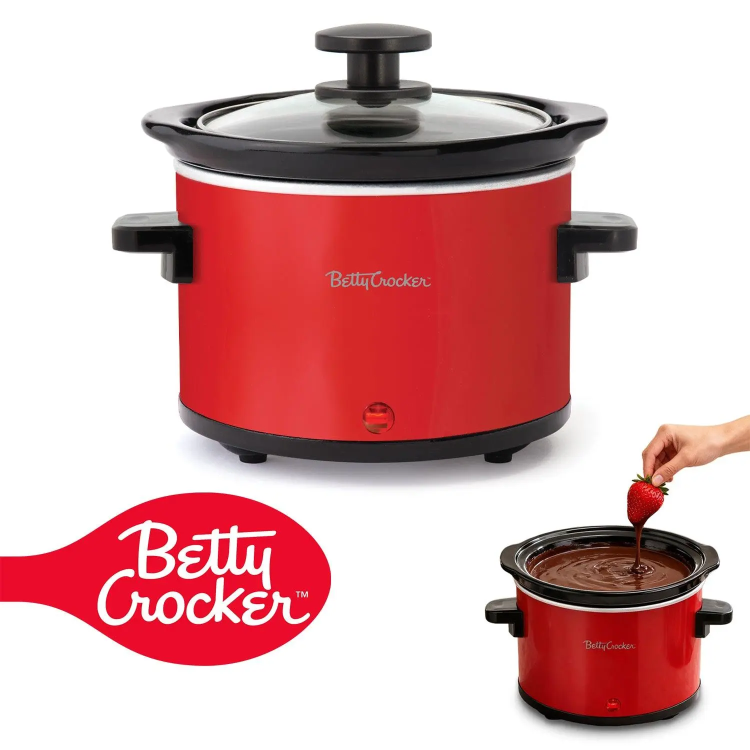 Betty Crocker 0.7-Quart Mini Slow Cooker - Multifunctional Cooker, Kitchen Appliances, Red BC-2555R, Chocolatier & Simmer Pot, Electric Pot with Removable Stoneware Crock, Cool Touch Handles, Tempered Glass Lid, Ideal for Fondue & Dips