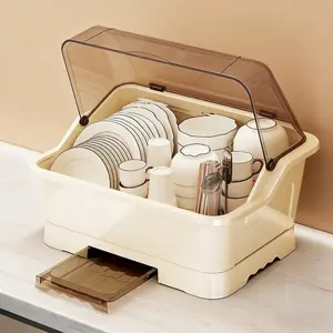 Plastic Dish Drying Rack, Kitchen Countertop Dish Storage Cabinet with Drainboard, Multi-Purpose Utensil Organizer
